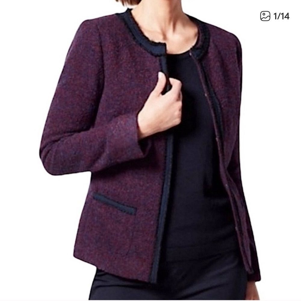 Talbots Tweed wool blend navy trim Womens Dark purple  Blazer suit jacket 8P EUC